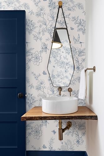 Vintage Floral Peel and Stick Wallpaper - 118x17.7 Removable Boho Vinyl for Bedrooms and Cabinets, Cream White and Blue