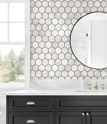 Carrara & Metallic Silver NextWall Inlay Faux Hexagon Peel and Stick Wallpaper