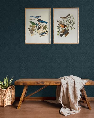 Slate Blue Tonal Bird Garden Peel and Stick Wallpaper