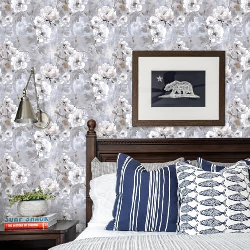 Vintage Floral Peel and Stick Wallpaper - Gray and White Self-Adhesive Contact Paper for Bedroom Décor (16.9x118.1)