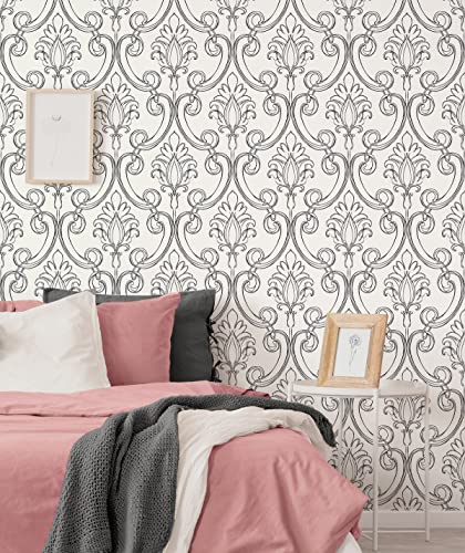 Ebony Sketched Damask Peel and Stick Wallpaper by NextWall