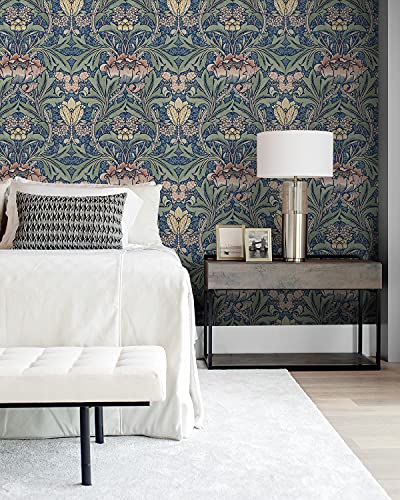 Acanthus Floral Peel and Stick Wallpaper in Denim Blue & Salmon