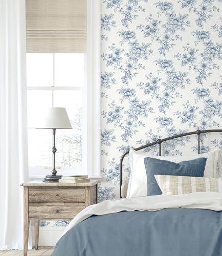 NextWall Blue Peel and Stick Sketched Floral Wallpaper