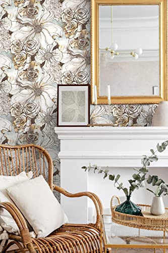 Harry & Grace Abstract Floral Peel and Stick Wallpaper (Mocha & Blue Mist)