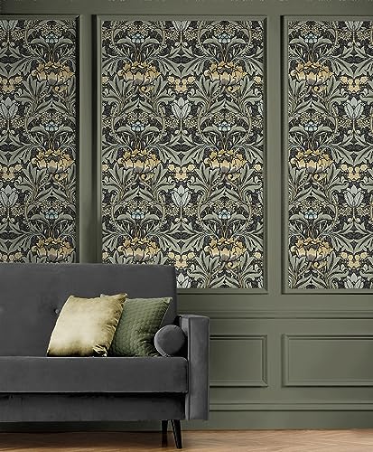NextWall Acanthus Floral Peel and Stick Wallpaper (Charcoal & Gold)
