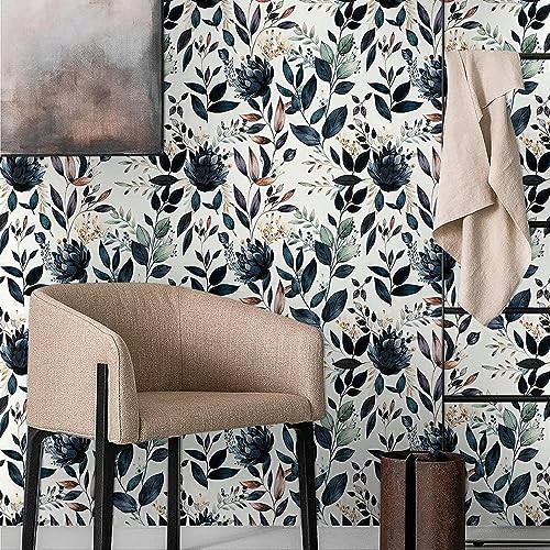 Vintage Dark Blue/Yellow Leaf Floral Peel and Stick Wallpaper for Kitchen Cabinet - Renter Friendly