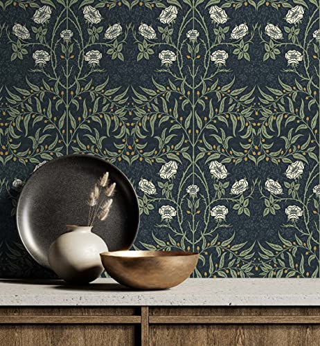 Stenciled Floral Peel and Stick Wallpaper for Home Decor - Navy & Sage